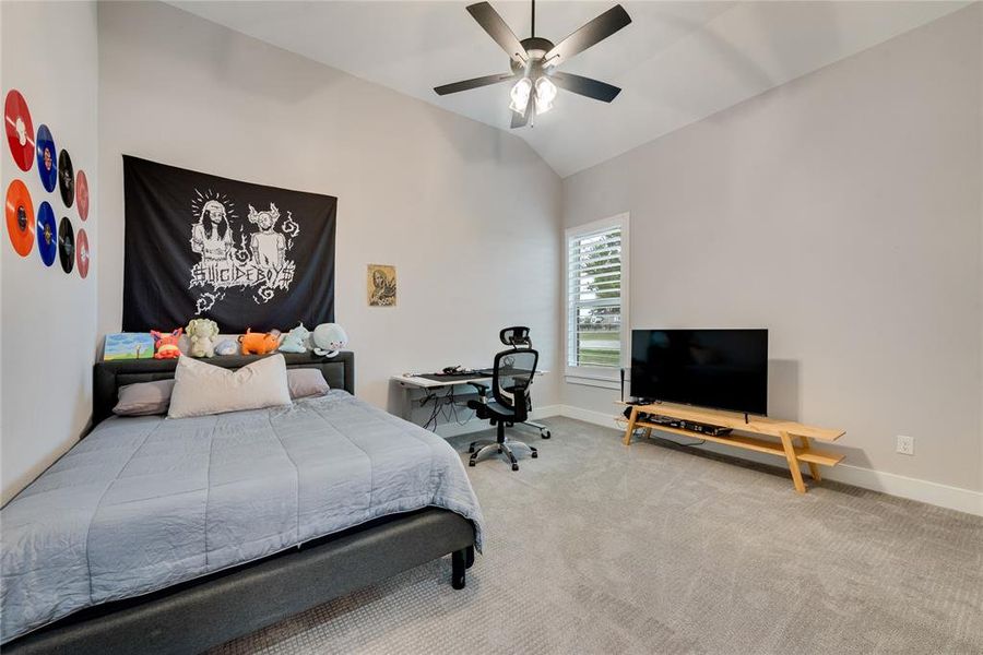 Carpeted bedroom with vaulted ceiling and ceiling fan