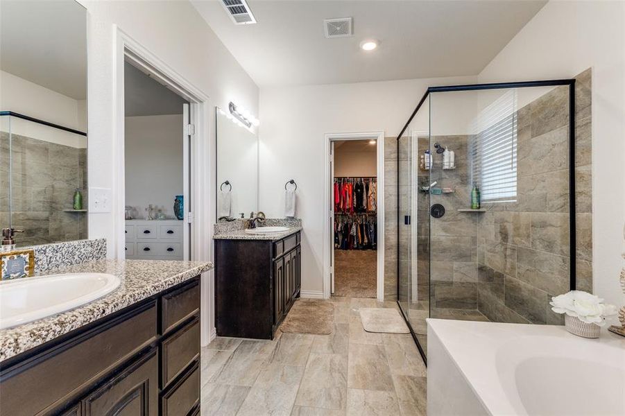 Bathroom featuring independent shower and bath and vanity