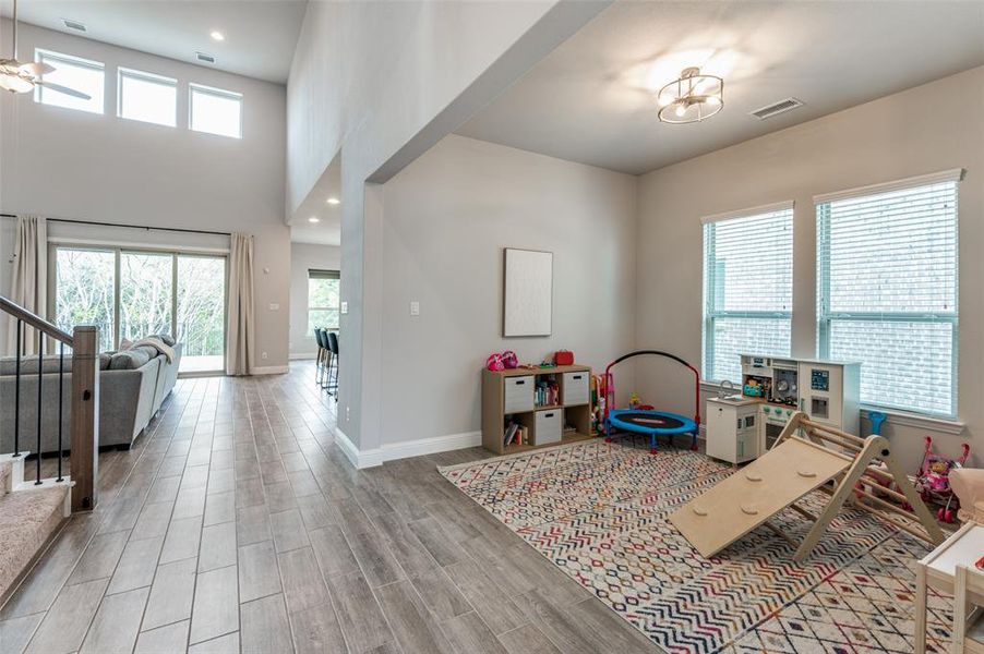 Playroom with hardwood / wood-style flooring, a wealth of natural light, and a high ceiling