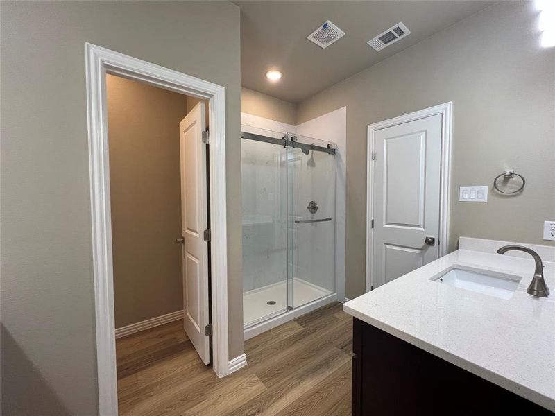 Bathroom featuring an enclosed shower, hardwood / wood-style flooring, and vanity