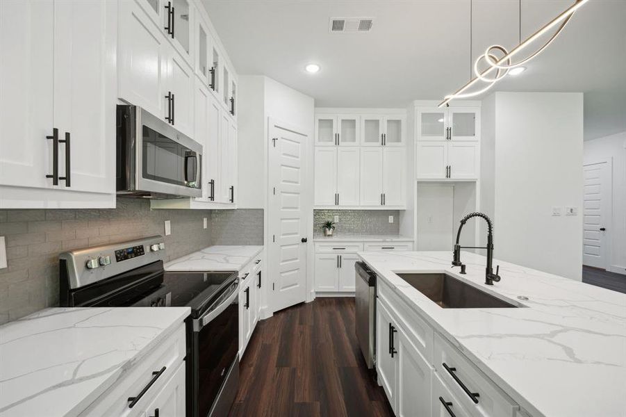 Kitchen with dark hardwood / wood-style floors, hanging light fixtures, sink, white cabinets, and appliances with stainless steel finishes