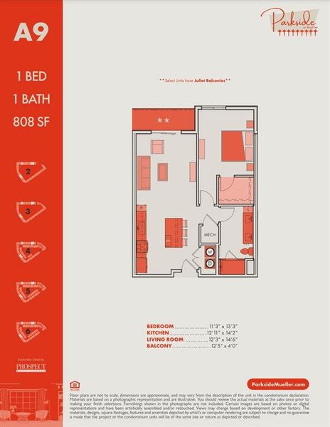 A9 Floorplan: Note that this unit has a Juliet balcony.