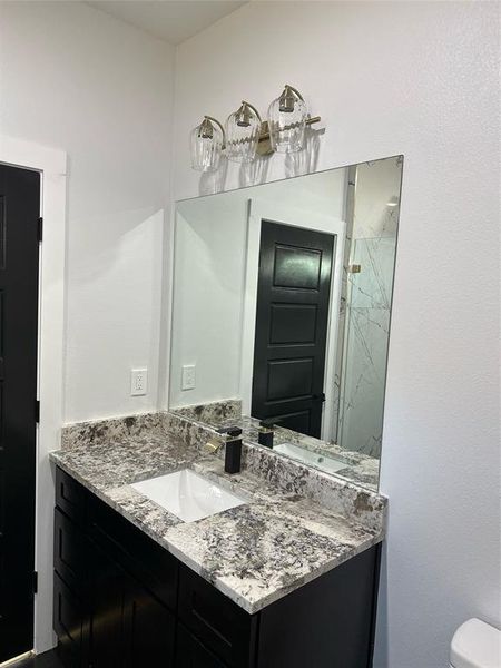 Bathroom with vanity, a shower with shower door, and toilet