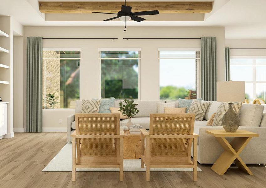 Rendering of the living room in the
  Laurel floor plan, complete with a wall of windows, decorative wooden beams,
  built-in shelving and a fireplace.