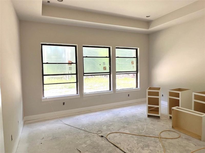 Primary bedroom with a trayed ceiling. All bedrooms will have ceiling fans.