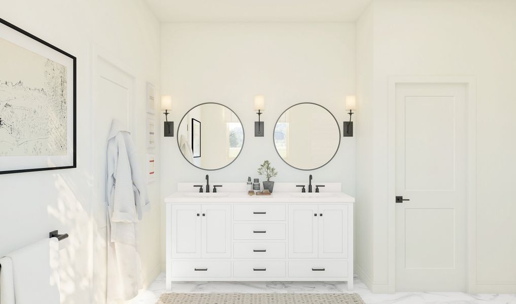 Primary bath with dual sinks and matte black fixtures throughout