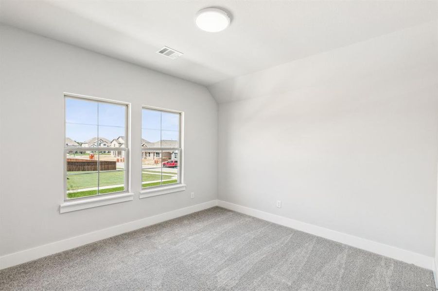 Unfurnished room featuring lofted ceiling and carpet