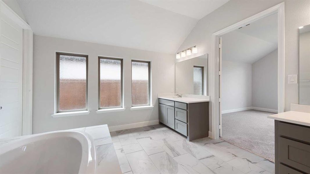 Bathroom with lofted ceiling, vanity, and a bathing tub