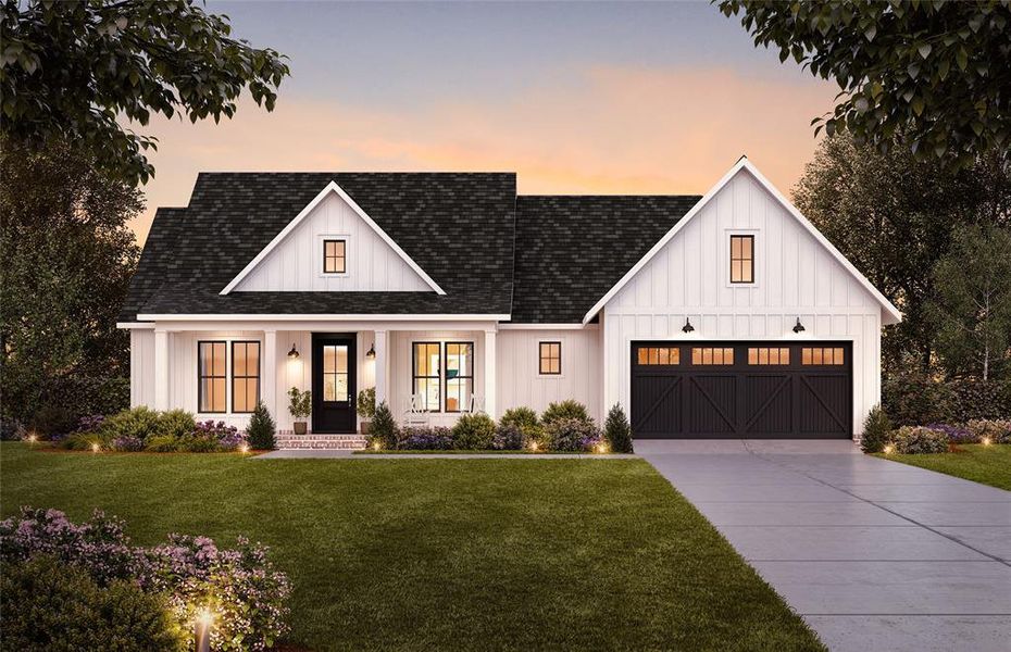 Modern farmhouse style home featuring a garage and a yard