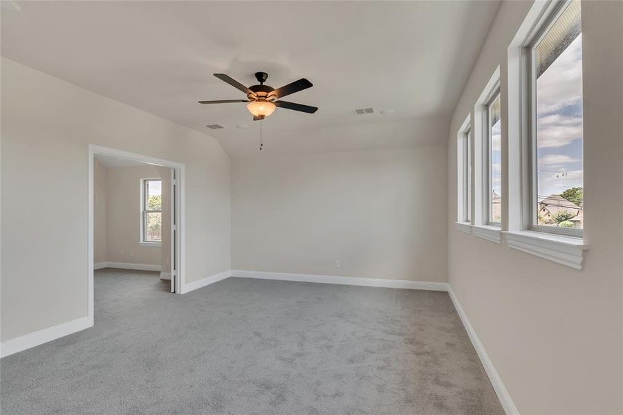 Carpeted empty room featuring plenty of natural light and ceiling fan