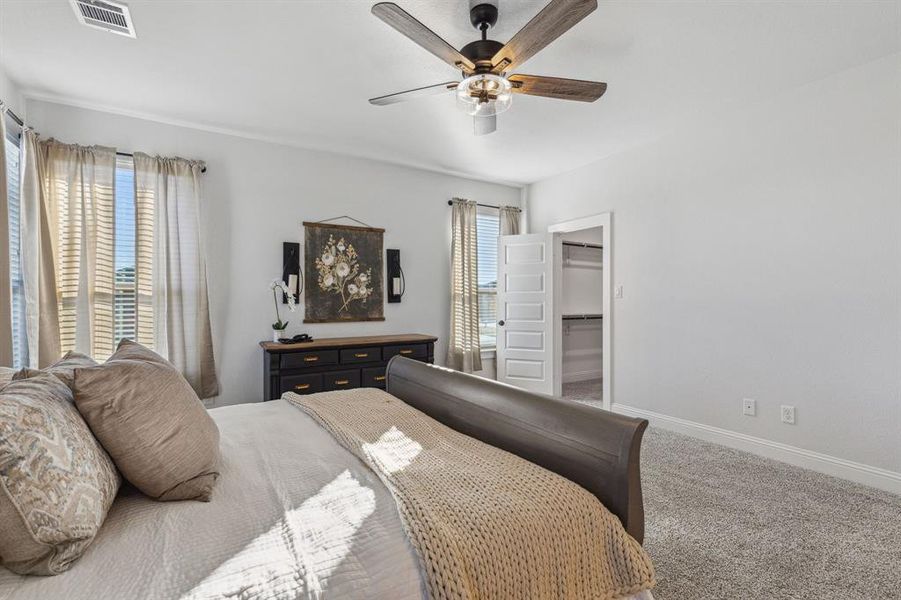 Carpeted bedroom featuring a walk in closet, ceiling fan, and a closet