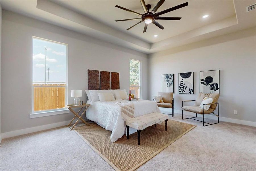 Main bedroom featuring ceiling fan and a tray ceiling