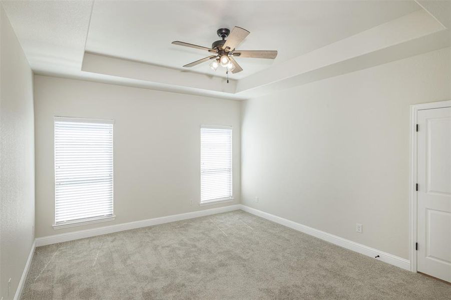 Carpeted empty room featuring a tray ceiling, ceiling fan, and plenty of natural light