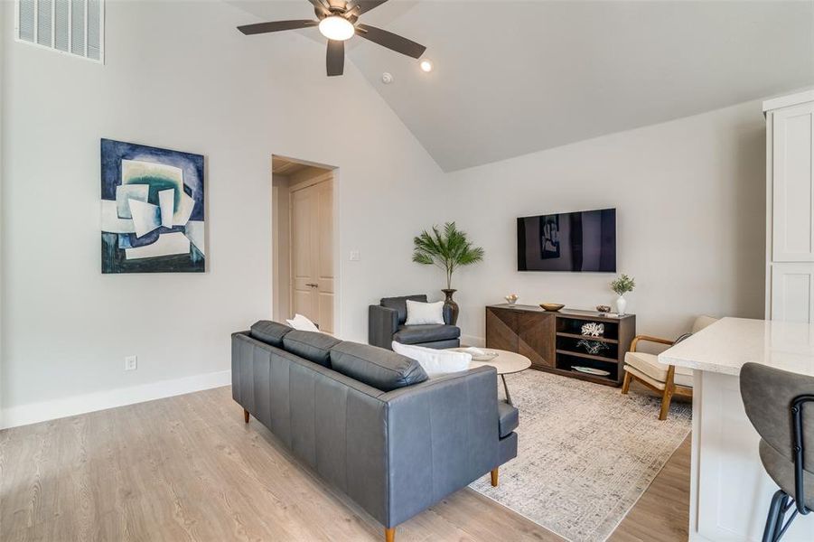 Another view of the open concept living area.  The hall in the background leads to the master suite.