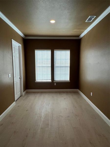 Unfurnished room with light hardwood / wood-style floors, crown molding, and a textured ceiling