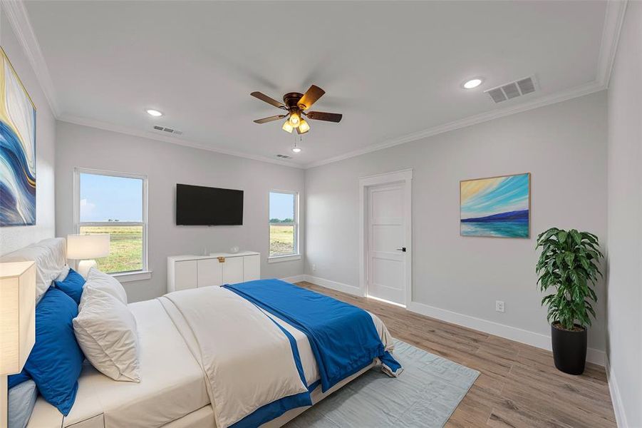 Virtual Staging Bedroom featuring ceiling fan, light hardwood / wood-style flooring, crown molding, and multiple windows