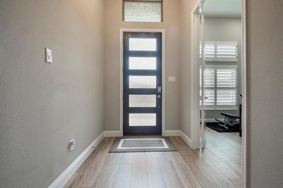 Entrance foyer with light hardwood / wood-style floors and a healthy amount of sunlight