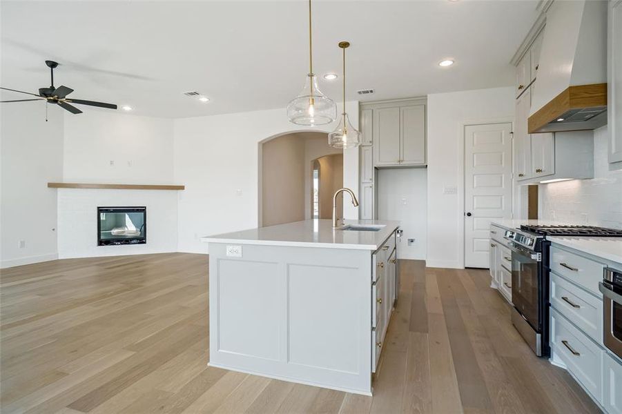 Kitchen with sink, stainless steel appliances, light hardwood / wood-style flooring, premium range hood, and a kitchen island with sink