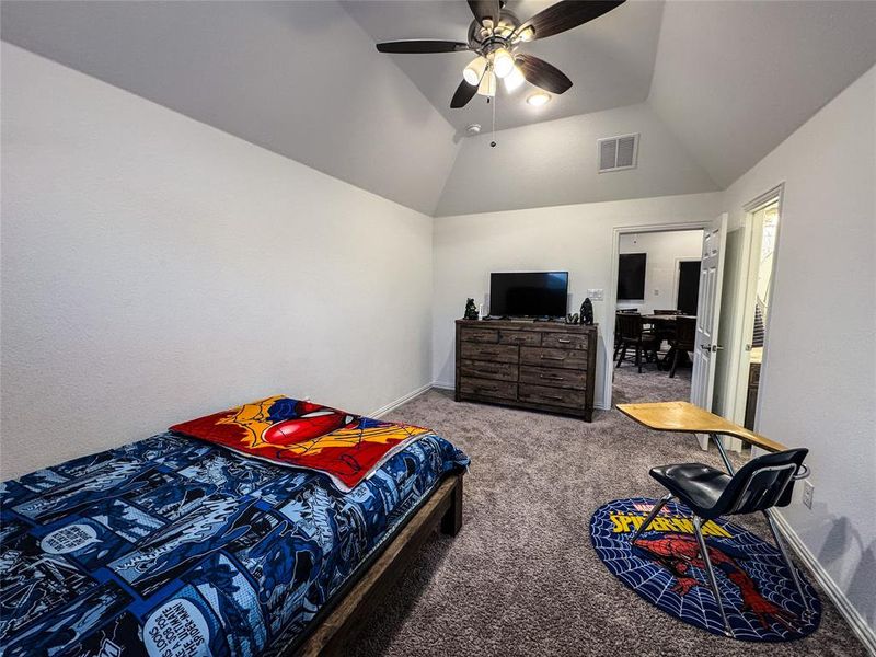 Bedroom with carpet, vaulted ceiling, and ceiling fan