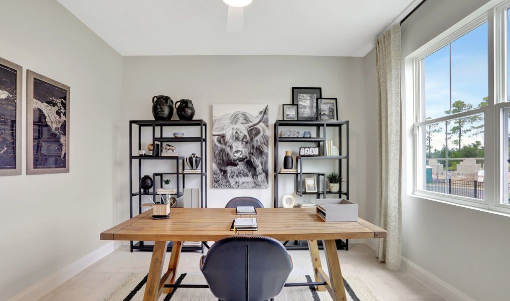 Home office with tile flooring