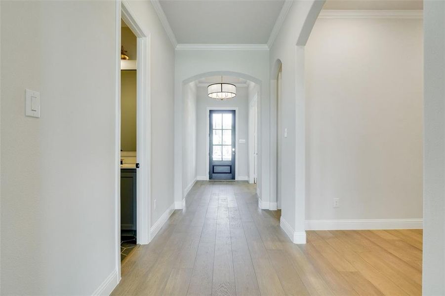 Corridor featuring crown molding and light hardwood / wood-style flooring