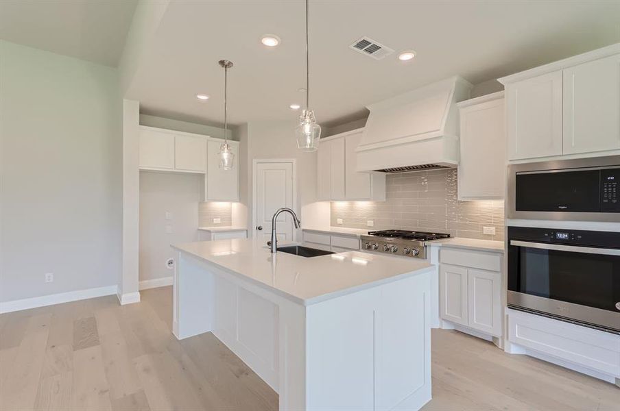 Kitchen with light hardwood / wood-style floors, sink, custom exhaust hood, and tasteful backsplash