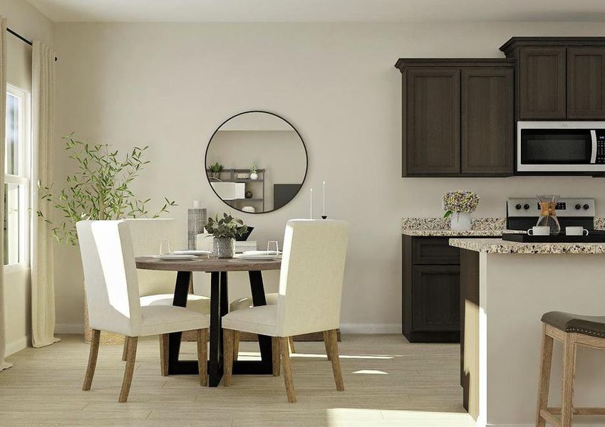 Rendering of dining area with light
  wood-look flooring, round table with white chairs and kitchen with brown
  cabinets to the right