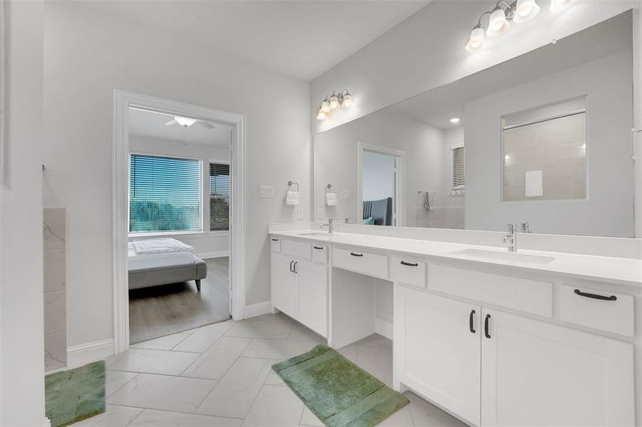 Bathroom with wood-type flooring and vanity