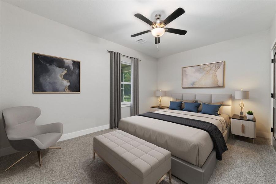 Virtually Staged. The secondary bedroom, where plush carpeting invites you to sink your feet into comfort. Natural light streams through the large window, brightening the space and offering a glimpse of the outdoors. An overhead fan gently stirs the air, creating a relaxing ambiance that makes this room a cozy retreat for rest and relaxation.