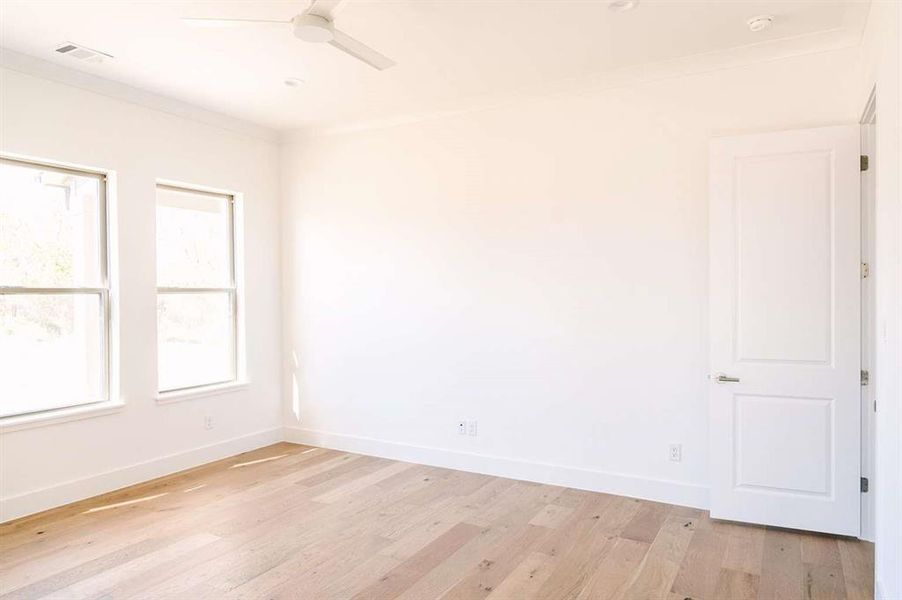 Spare room with light hardwood / wood-style flooring, ceiling fan, and crown molding