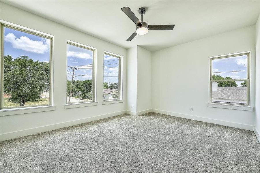 Empty room featuring a wealth of natural light, carpet flooring, and ceiling fan