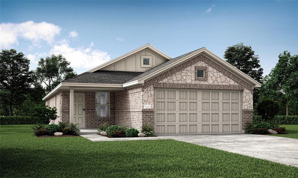 View of front of house with a front yard and a garage