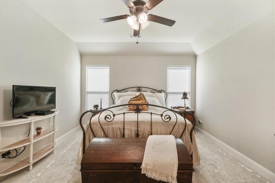 Bedroom with multiple windows, ceiling fan, vaulted ceiling, and carpet floors