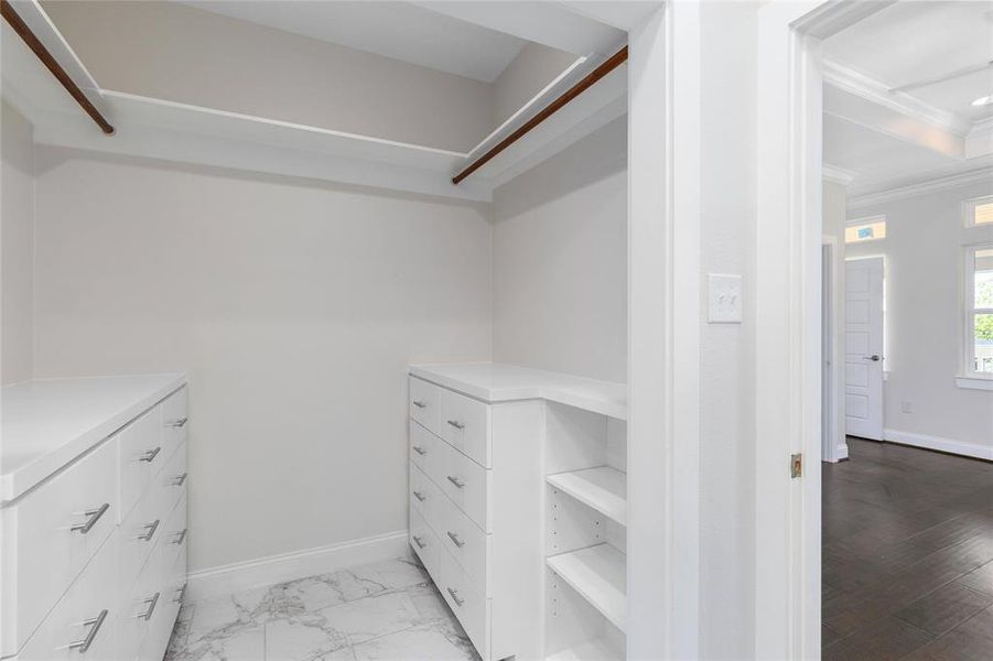 Primary closet with custom built-ins and tray ceiling