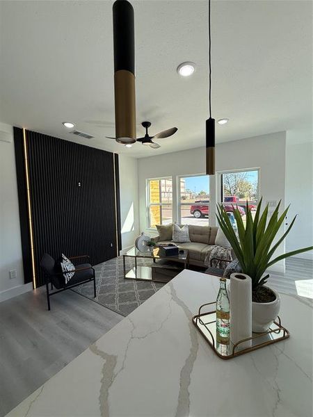 Open Floorplan. Kitchen Island with Quartz countertops