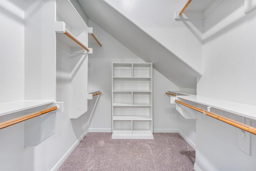 Spacious closet with light carpet and lofted ceiling