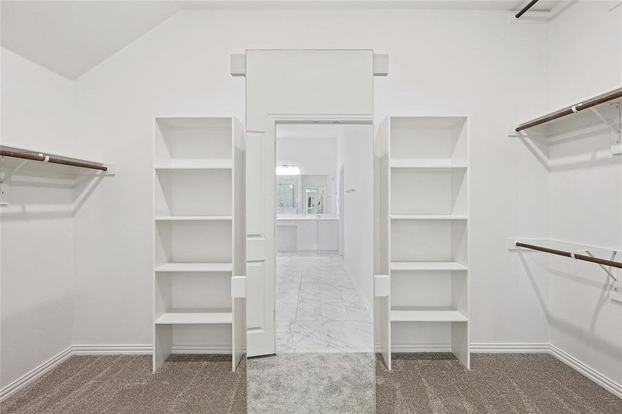 Walk in closet featuring lofted ceiling and carpet floors