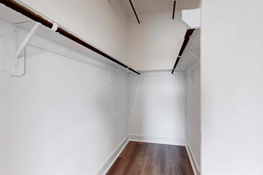 Walk in closet with dark wood-type flooring