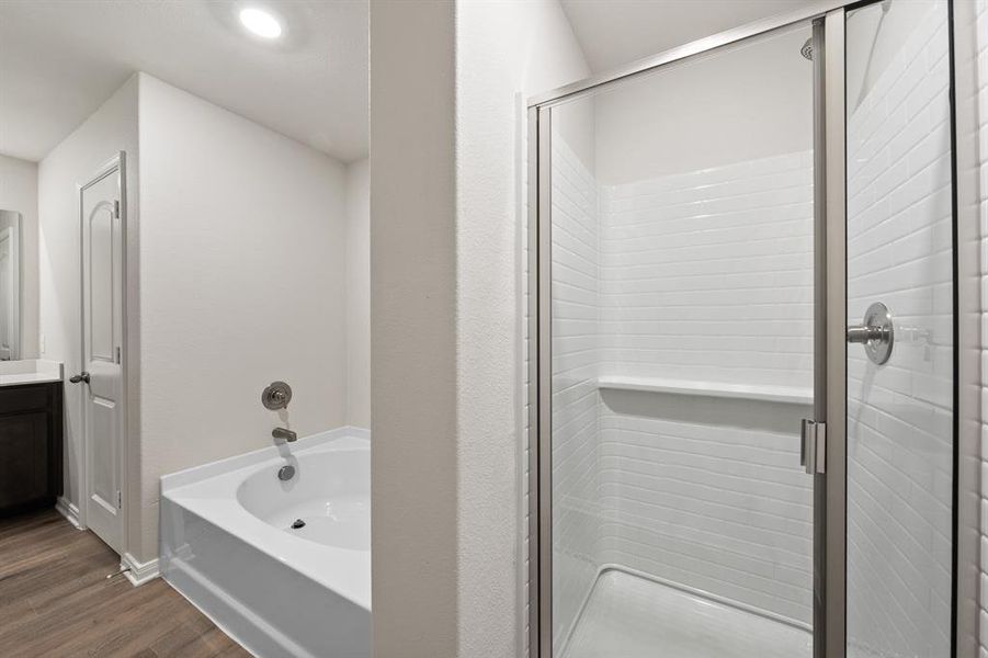 Bathroom with vanity, hardwood / wood-style floors, and shower with separate bathtub