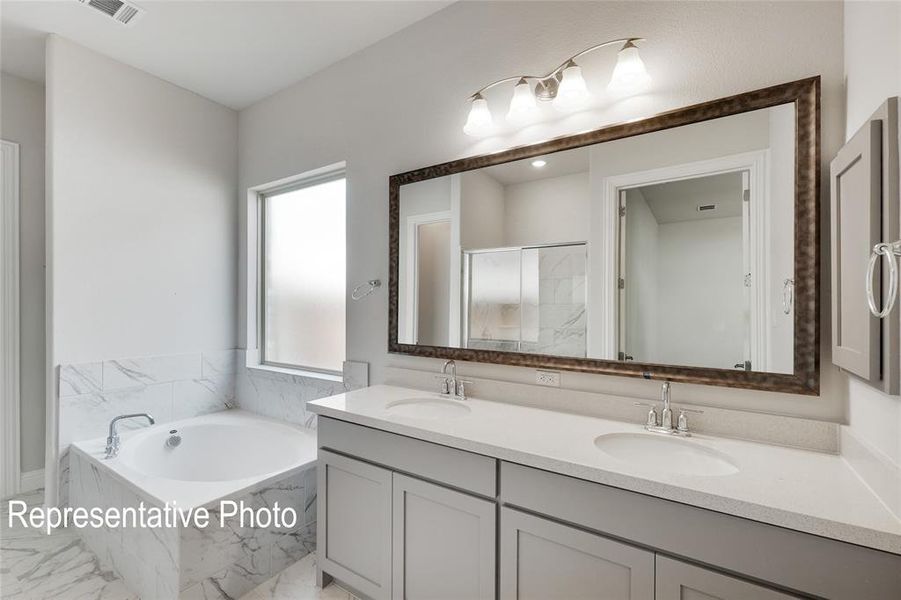 Bathroom with vanity and separate shower and tub