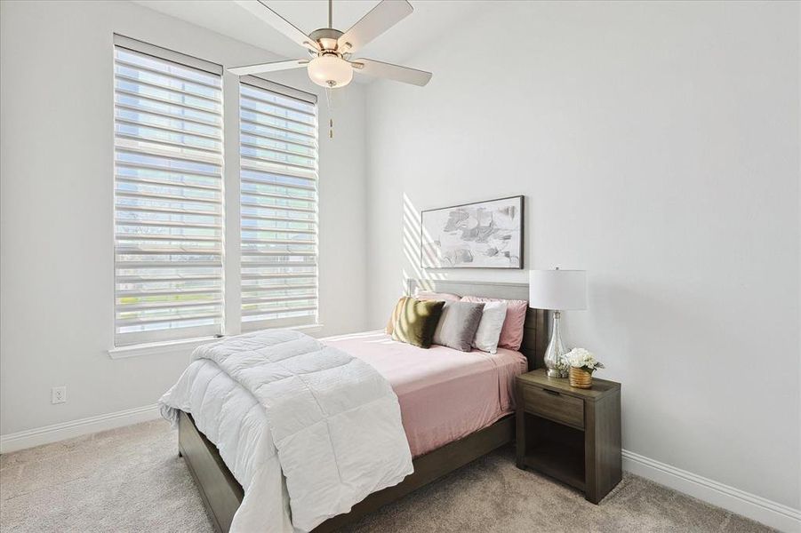 Carpeted bedroom featuring multiple windows and ceiling fan