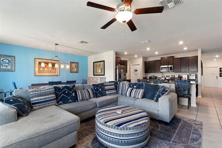 Great Room facing Dining Area and Kitchen