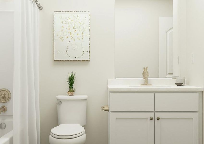 Rendering of a full bath with a shower,
  toilet, white cabinet vanity and linen storage.