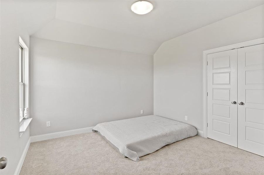 Carpeted bedroom with lofted ceiling and a closet