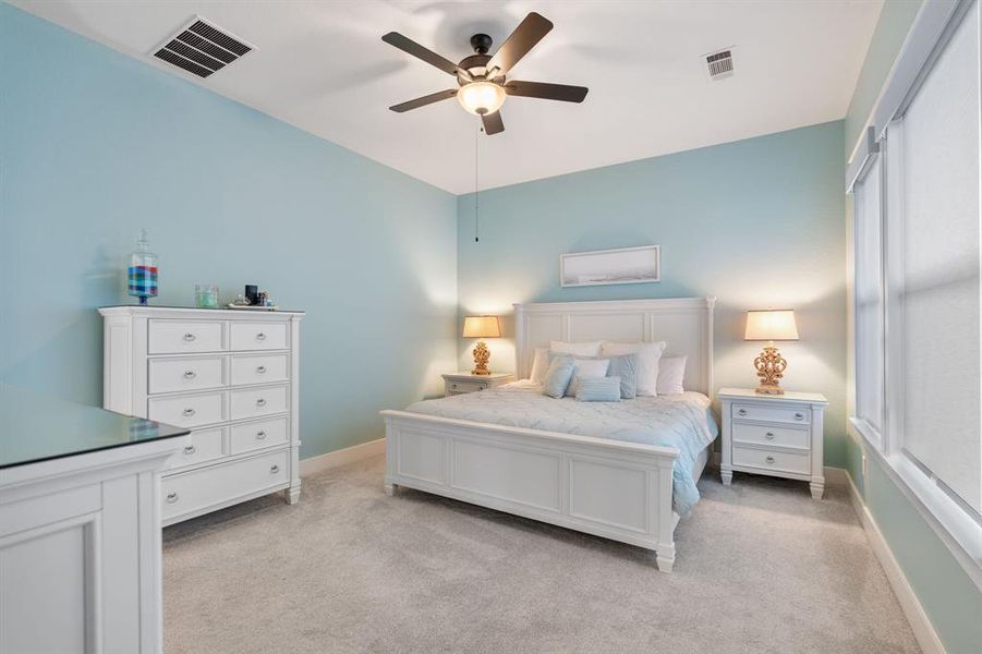 The primary bedroom is tucked back on the first floor and features high ceilings, fresh custom paint, three large trimmed out windows, and double custom shades (light filtering and blackout).