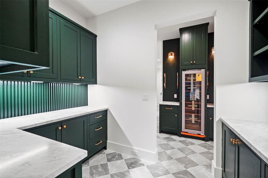 Walk-through pantry looking into bar area