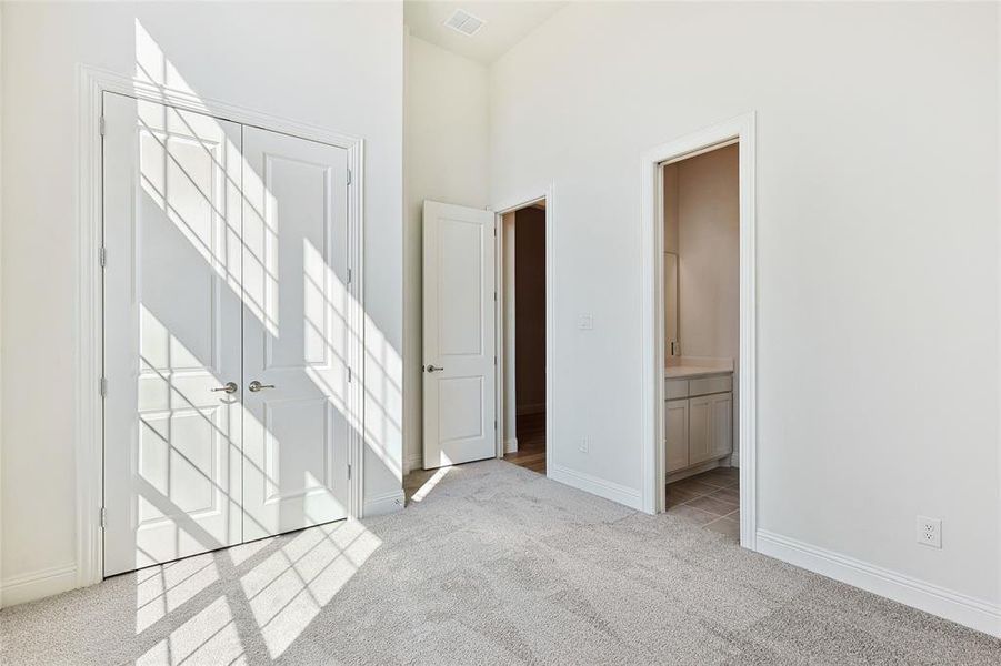 Spare room with a high ceiling and light carpet