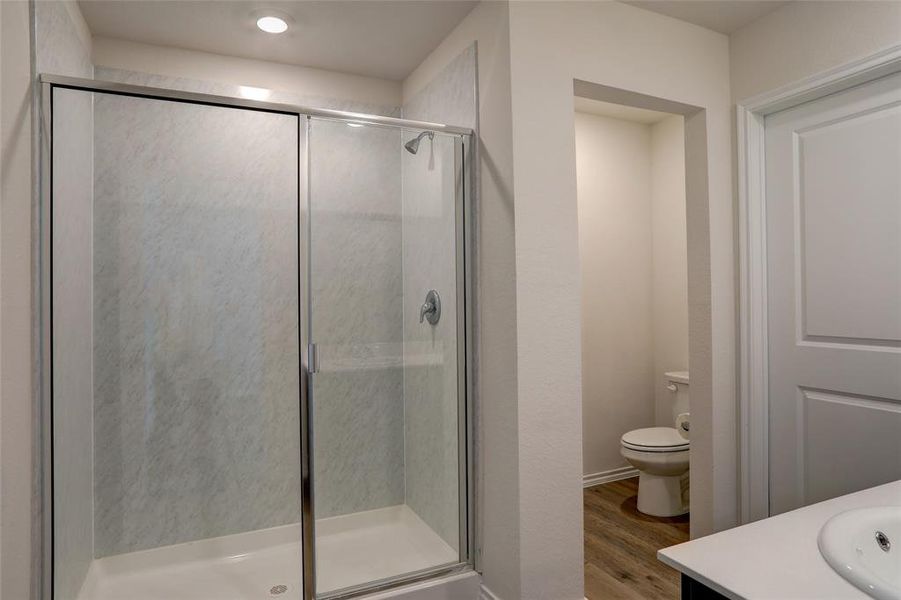 Bathroom featuring an enclosed shower, hardwood / wood-style flooring, vanity, and toilet