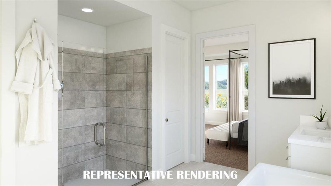 The oversized, walk in shower in your new owner's bath is the perfect place to start or end your day.  VIRTUALLY STAGED RENDERING