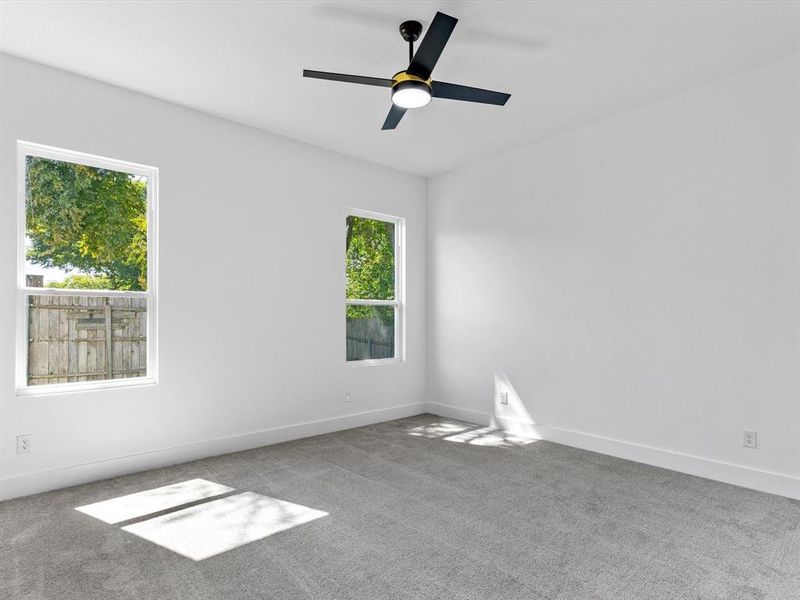 Unfurnished room with ceiling fan, plenty of natural light, and carpet